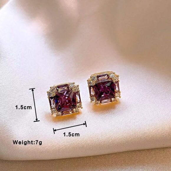 NEW Art Deco Amethyst Purple Crystal Luxe Square Stud Earrings - Picture 4 of 4